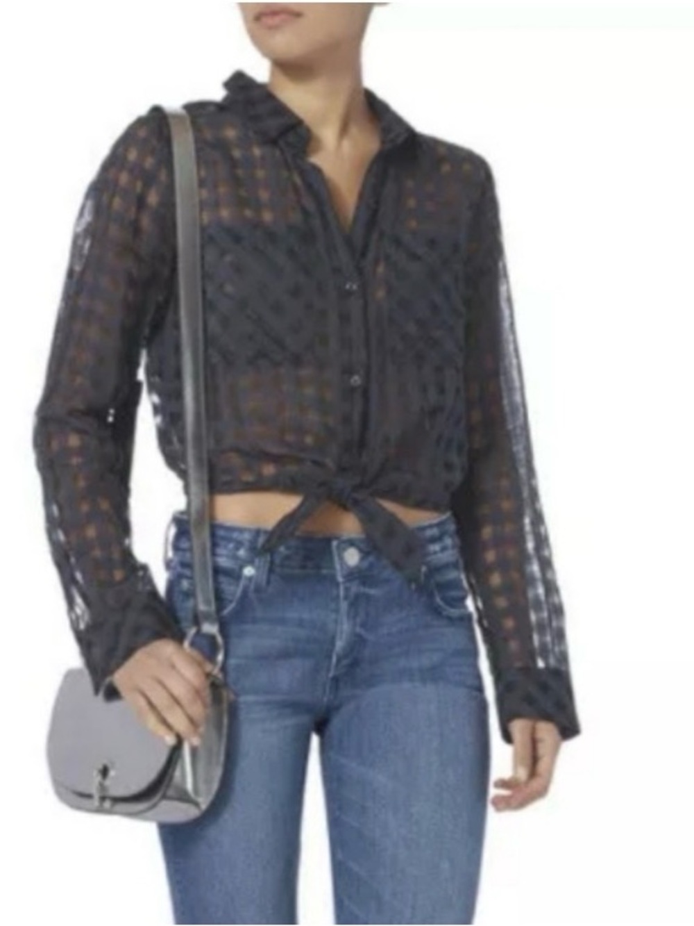 Rails Kelsey Navy Sheer Check Tie-Front Button Down Shirt